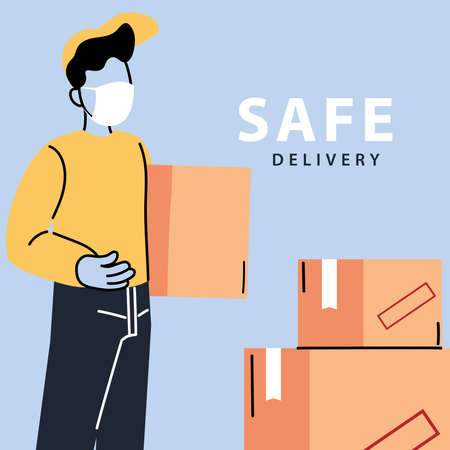 safe delivery, man courier in a mask delivers boxes, contactless delivery vector illustration designのイラスト素材