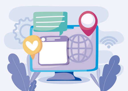 Computer website and bubbles design, Social media multimedia communication digital marketing internet web and connect theme Vector illustrationのイラスト素材