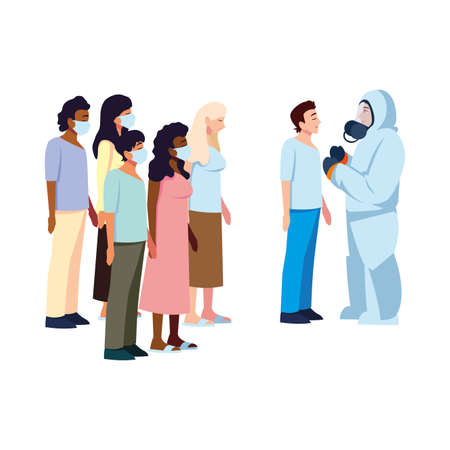 Doctor with protective suit checking people design of Medical care and covid 19 virus theme Vector illustrationのイラスト素材