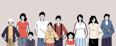 group of people in protective medical face masks, crowd of people wearing protection from coronavirus vector illustration designのイラスト素材