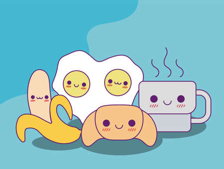 banana eggs bread and coffee mug design, food cute character emoticon theme Vector illustrationのイラスト素材