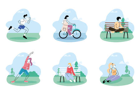 people in medical protective masks, people spend time in park vector illustration designのイラスト素材