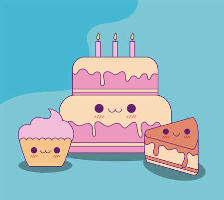 cake and cupcake design, food cute character emoticon theme Vector illustrationのイラスト素材
