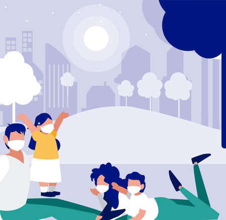 Family with masks at park in front of city design of Covid 19 virus theme Vector illustrationのイラスト素材