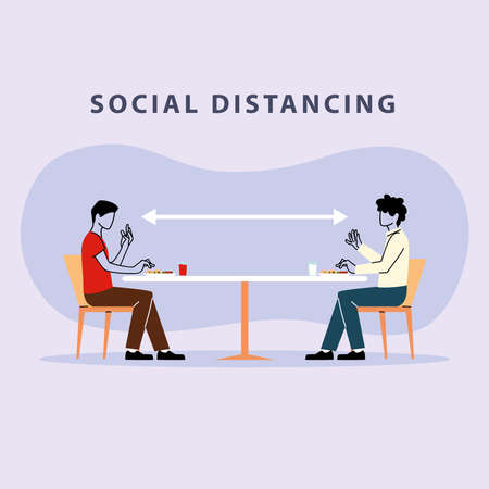 social distancing in restaurant, men eating on table, protection and prevention of coronavirus or covid-19 vector illustration designのイラスト素材
