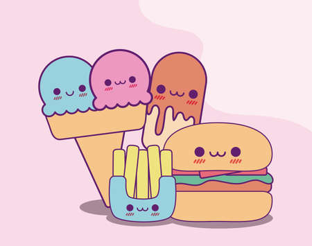 ice cream french fries and hamburger design, Kawaii food cute character emoticon theme Vector illustrationのイラスト素材