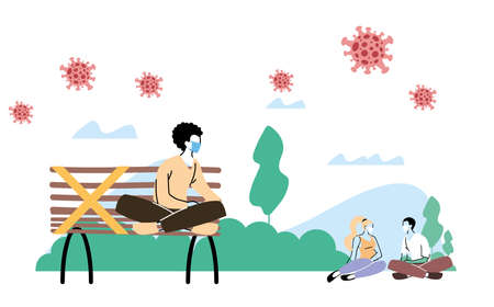 people with masks outdoors doing sports vector illustration designのイラスト素材