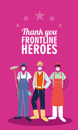 Thanks to the front line workers. Diverse people from different occupations wear protective masks vector illustration designのイラスト素材