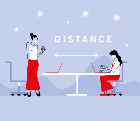 Social distancing between women with masks and laptops on table design of Covid 19 virus theme Vector illustrationのイラスト素材