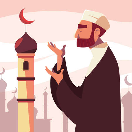 man muslim praying in mosque, ramadan kareem vector illustration designのイラスト素材