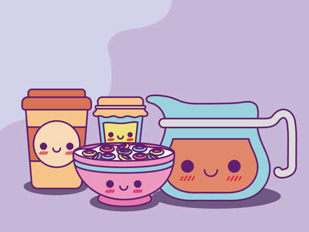 coffee mug cereal honey and kettle design, food cute character emoticon theme Vector illustrationのイラスト素材