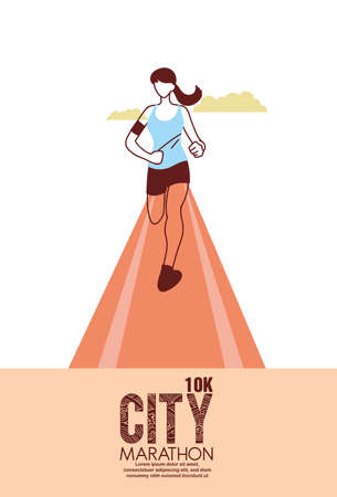 woman avatar running on track and 10k city marathon design, athlete training and fitness theme Vector illustrationのイラスト素材