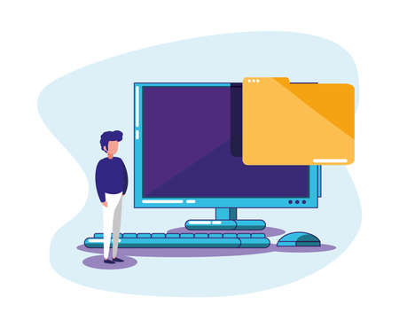 Computer and man design, Digital technology communication social media internet web and screen theme Vector illustrationのイラスト素材