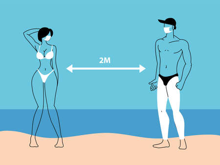 couple of people on the beach keep social distance vector illustration designのイラスト素材