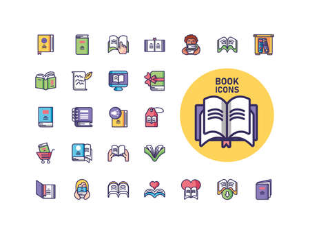 opened book and books icon set over white background, line and fill style, vector illustrationのイラスト素材