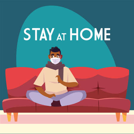 stay at home awareness social media campaign and coronavirus prevention: man sitting on the sofa vector illustration designのイラスト素材
