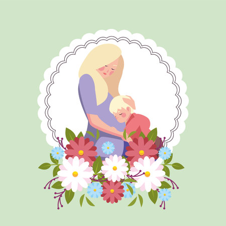 woman and son, card of the mother day vector illustration designのイラスト素材