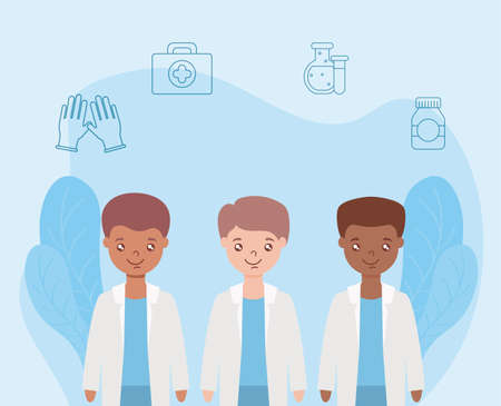 doctors explain how prevent the spread of covid 19 vector illustration designのイラスト素材