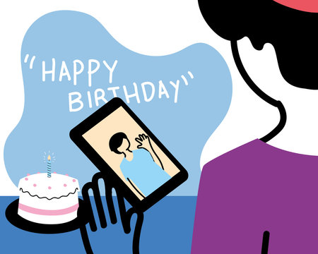 man with party hat waving boy on smartphone and cake design, Happy birthday and video chat theme...