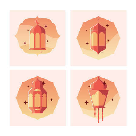 set of cards with illuminated lamps of ramadan kareem vector illustration designのイラスト素材