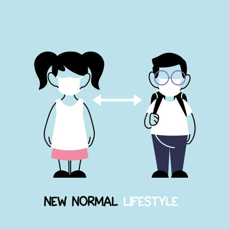 back to school for new normal lifestyle concept, kids wearing face mask and social distancing vector illustration designのイラスト素材