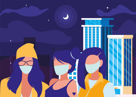 Women in the city wearing face mask vector illustration design