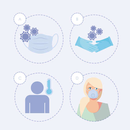 woman with mask and icon set design of medical care and covid 19 virus theme Vector illustrationのイラスト素材