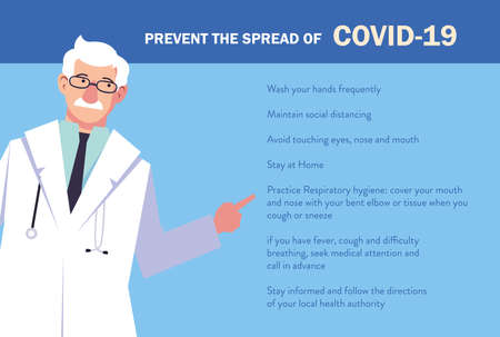doctor explain Infographics how prevent the spread of covid 19 vector illustration designのイラスト素材