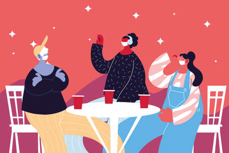 group people celebrating with drinks they use face masks vector illustration designのイラスト素材