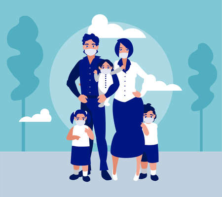 Family with masks at park design of Covid 19 virus theme Vector illustrationのイラスト素材