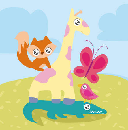 cute animals in landscape, kawaii style vector illustration designのイラスト素材