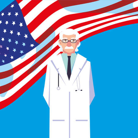 Old man doctor with uniform and usa flag design of Medical care health and emergency theme Vector illustrationのイラスト素材