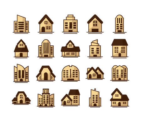 set of icons of towers of apartment, office building and house on white background vector illustration designのイラスト素材