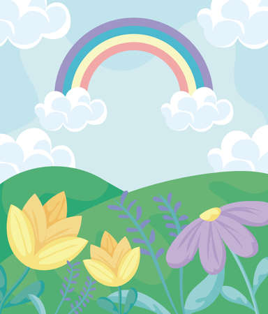 spring landscape with flowers, mountains and rainbow, colorful design, vector illustrationのイラスト素材