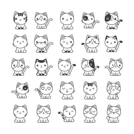 set of cute cats on white background, line style icon vector illustration designのイラスト素材