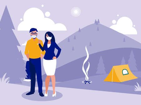 Woman and man with mask in front of landscape with camping tent design of Covid 19 virus theme Vector illustrationのイラスト素材