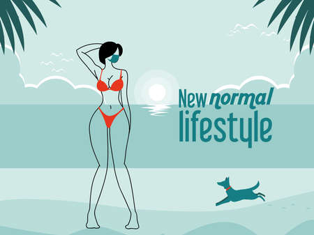 woman with mask enjoying the beach and sun vector illustration desingのイラスト素材