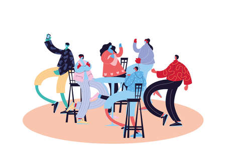 friends with masks celebrating birthday vector illustration designのイラスト素材