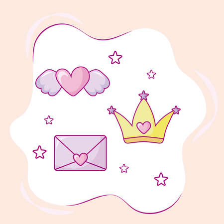 kawaii queen crown, love envelope and heart with wings over pink background, colorful design, vector illustrationのイラスト素材