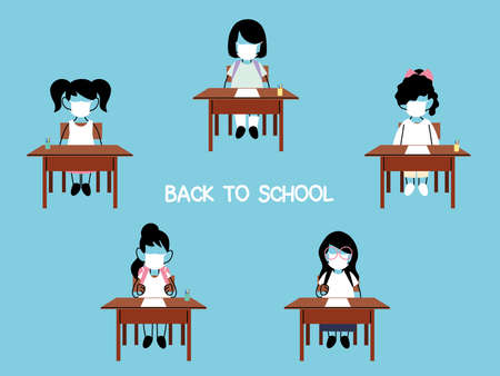 back to school, group of kids wearing face mask and social distancing vector illustration designのイラスト素材