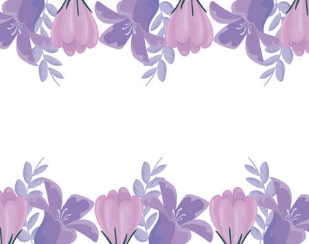 decorative frame of purple flowers and leaves over white background, vector illustrationのイラスト素材