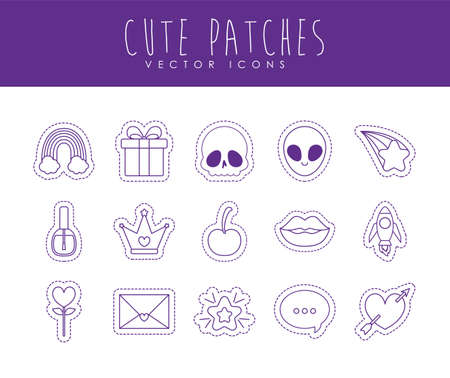 line style icon set design, Cute patches expression emoticon and childhood theme Vector illustrationのイラスト素材
