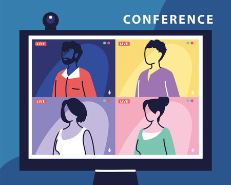 people talking to each other on the computer screen, conference video call, working from home vector...