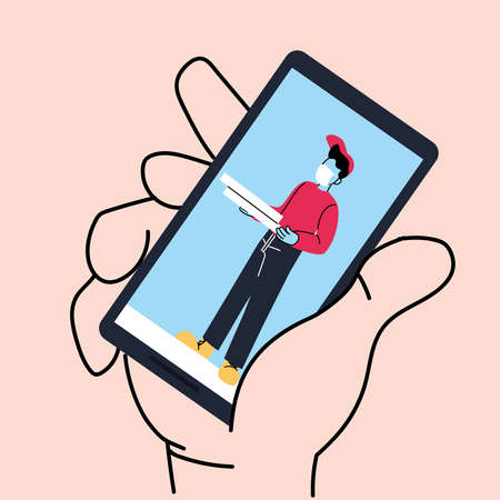 contactless delivery, safe courier by covid 19, order goods online by smartphone vector illustration designのイラスト素材