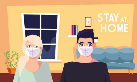stay at home awareness social media campaign and coronavirus prevention, couple share in the home vector illustration designのイラスト素材