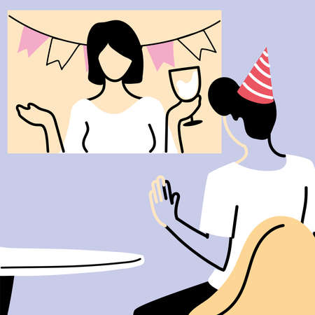 Man with party hat and screen in video chat design, Happy birthday celebration party call and conference theme Vector illustrationのイラスト素材