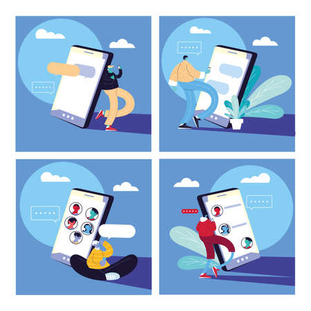set of poster with men and smartphones chatting vector illustration designのイラスト素材