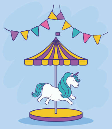 carousel with unicorn and garlands hanging vector illustration designのイラスト素材