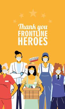 Thanks to the front line workers. Diverse people from different occupations wear protective masks vector illustration designのイラスト素材