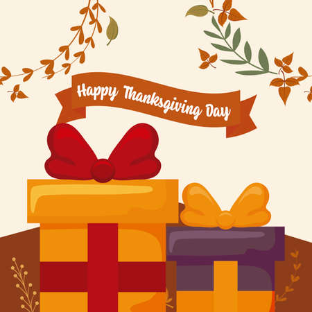 Gifts and leaves of thanksgiving day design, Autumn season holiday greeting and traditional theme Vector illustrationのイラスト素材